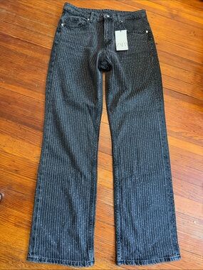 NWT Zara Gray Pinstripe Rhinestone Straight-Leg Jeans Size 42